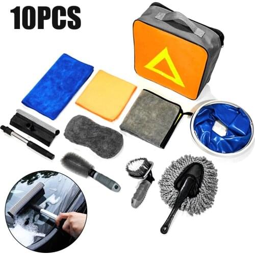 10Pcs Car Wash Cleaning Tools Kit Car Detailing Set with Foldable Bucket Wash Mitt Sponge Towel Tire Brush Window Scraper Duster