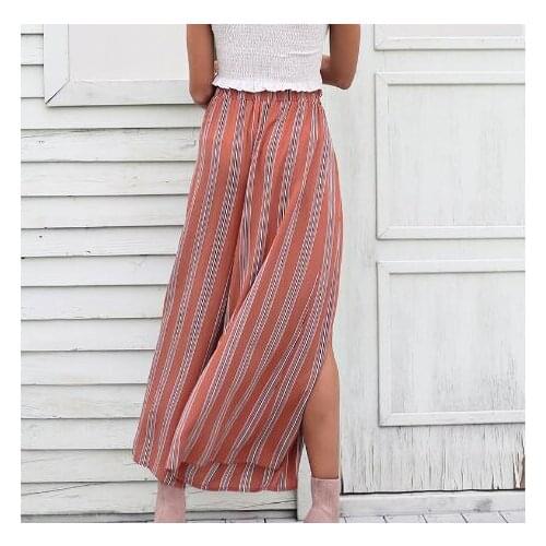 30pcs/lot fedex fast High waist loose striped summer pants plus size Sexy side split women pants Elastic waist pants