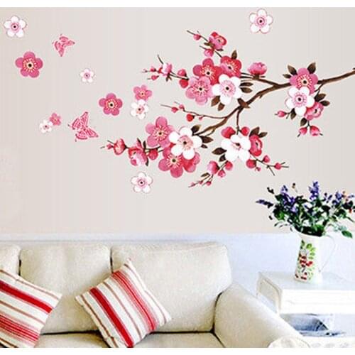 3D Pink Wall Paper Peach Blossom Flower Wall Sticker Vinyl Art Decals Art Home Decor Graphic Flowers Petals Tree Mural
