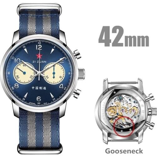 Fashion 42mm Mens Military Chronograph Sapphire Mechanical Manual Winding Swan Neck 1963 Pilot Men Watch Hardlex 3D Male Clock