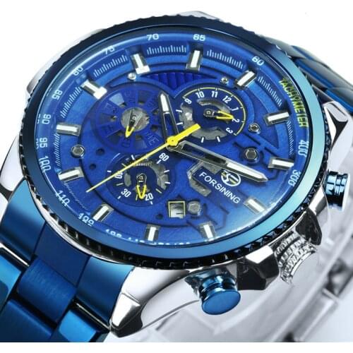 Forsining Three Dial Calendar Stainless Steel Mechanical Automatic Wristwatch Mens Watches Top Brand Luxury Military Sport Watch