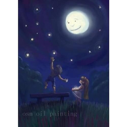 Kids Calligraphy Gifts Handmade Modern Abstract Art Work Night Landscape Hand Painted Kids Catch Fireflies Canvas Oil Paintings