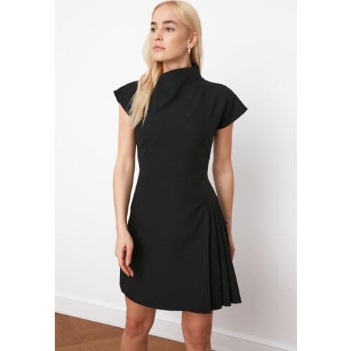 Elegant Fashion Black Pleated Detailed Dress Above Knee Mini Butterfly Sleeve 2021 New Fashion Summer Spring Season Dresses