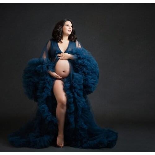 Elegant Puffy Tulle Maternity Gowns Long Sleeves Sexy See Thru Plus Size Custom Made Pregnancy Robes With Train