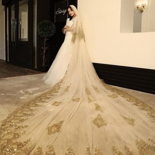 3.5 M Golden Lace Champagne Wedding Veils Cathedral Golden Lace Bridal Veils Champagne Two Tiers Bridal Veils Free Comb