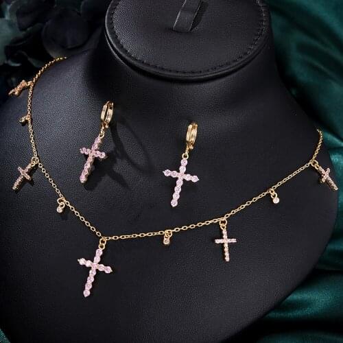 GODKI Hiphop Cuban Link Cross Miami Necklace Earring Set For Women Wedding Zircon African Dubai Bridal Jewelry Set Dance Party