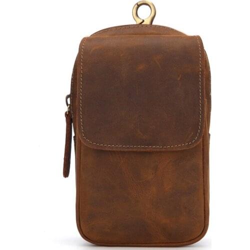 Hot spot mens leather belt bag Crazy horse leather mobile phone bag Retro outdoor three-layer belt small bag