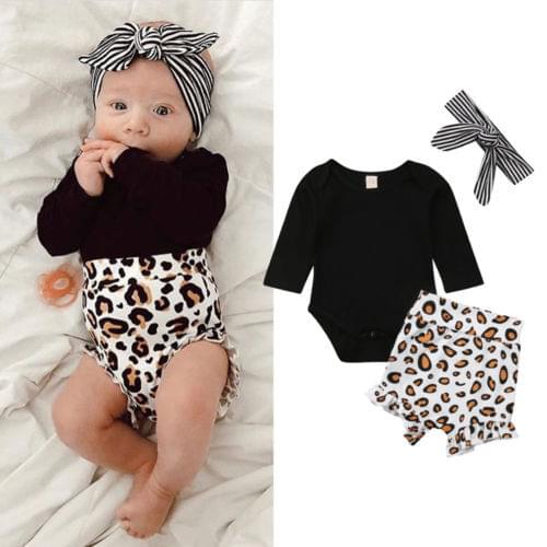 Newborn Kids Baby Girls Long Sleeve Leopard print Clothes Romper Pants Headband Outfit Baby Clothing Bodysuits One-Pieces