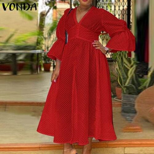 Summer Maxi Dress VONDA 2021 Casual Long Sleeve Sexy V Neck High Waist See Through Party Dresses Bohemian Vestidos Femme Robe