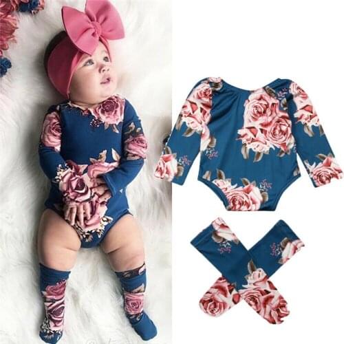 Baby Girls Fashion Floral Bodysuit + Leg Warmer Stockings 0-24M Newborn Infant Toddler Casual Long Sleeve O-Neck Romper Outfits