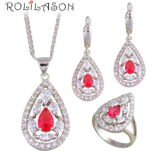 ROLILASON High Quality Silver Stamped Water Drop Rose Zircon Fashion Jewelry Sets Earring /Necklace/Pendant/ Ring for Lady JS680