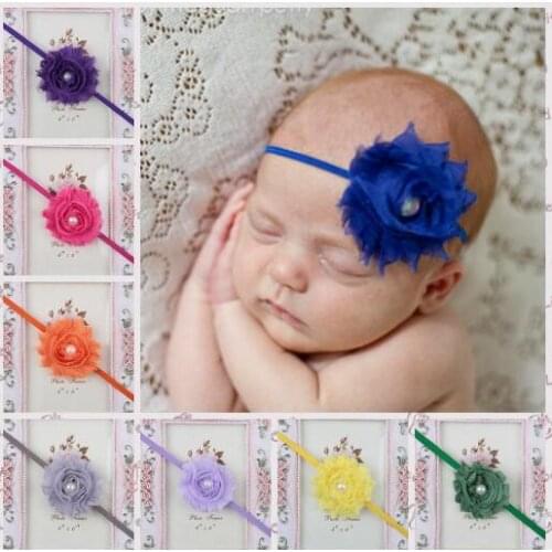 Shabby chic fabric flowers pearl in center with thin elastic headbands baby headwear Free Shipping YH505