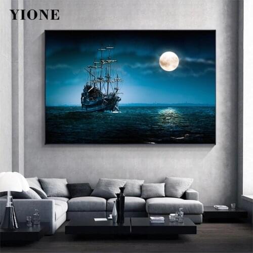 Retro Blue Seascape Sailboat Warship Moon Canvas Painting Night Sailing Navigation Sea Adventure Poster Wall Art Picture Prints