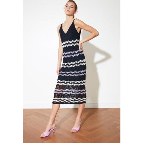 Navy blue Cellular Striped Knitwear lattice navy blue Knitwear Dress