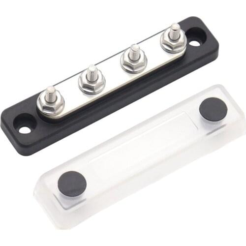 Terminal Bus Bar & Cover Ground Distribution Block Kit High Current 4 Way Busbar 100A + Transparent Upper Cover For 12/24V Car