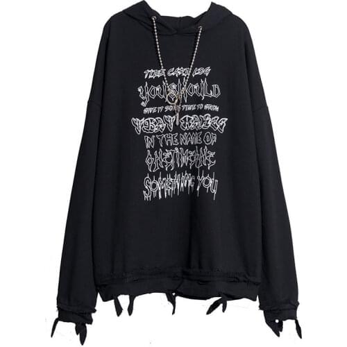 Harajuku Style Men Women Dark Series Chain Letter Printed Sweatshirt Destruction Hoodie Black Hip-hop Sweatshirt Streetwear Goth