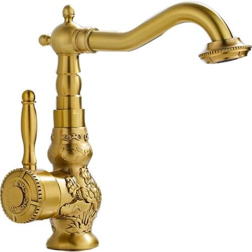 Bathroom Basin Faucet Antique Brass Kitchen Sink Mixer Tap Double Use Hot & Cold Faucet Carved Deck Mounted Lavatory Crane Tap