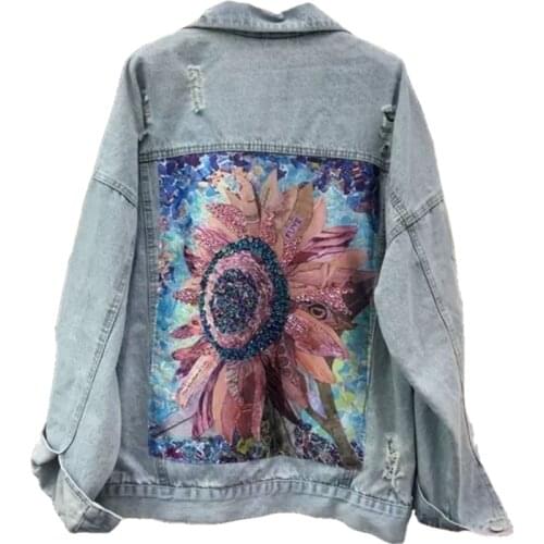 Women Pearls Hole High Street Denim Jacket BF Jeans Coat Print Female Spring Autumn Casual Fashion Loose Cowboy Outwear