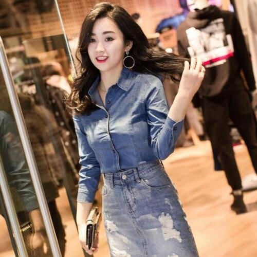 Women clothing cotton denim washed short shirts long sleeve women shirts slim fit thin tops students clothing