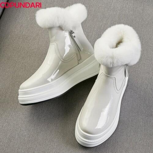 Black White Genuine Leather Platform Plush Snow Boots Women Flat Ankle Short Boots Winter Shoes Botas De Invierno Para Mujer