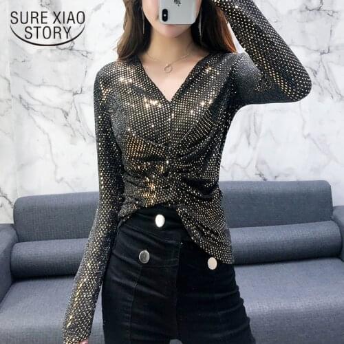 Korean 2021 New Sexy Fashion Long Sleeve Bright Screen Yarn Backing Slim Women Shirts Tight Women Tops and Blouses 8494 50