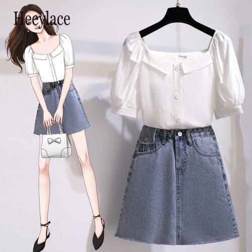 2 pieces skirts set summer Sweet Korean chiffon blouse tops and denim skirt 2 pieces sets women clothing two pieces outfits 2021