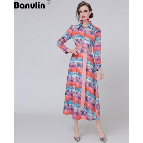 Banulin Designger Runway Dress 2021 Women Long Sleeve Vintage Sashes Long Shirt Dress Holiday Maxi Dresses Robe Longue N68660