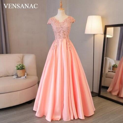 VENSANAC 2018 V Neck A Line Beadings Long Evening Dresses Elegant Short Sleeve Party Lace Embroidery Prom Gowns
