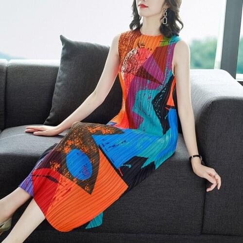 Vintage Miyak Pleated Round Neck Sleeveless Print Elegant Tank Midi Dress Female Plus Size Casual Slim Summer Women Vestidos