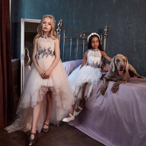 2021 High Low Flower Girl Dresses For Wedding Lace Appliques Tiered Skirts Kids Pageant Gowns Sleeveless First Communion Dress