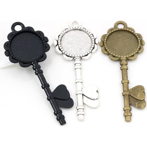 5pcs 20mm Inner Size Black and Antique Silver Plated and Bronze Key Style Cabochon Base Setting Charms Pendant