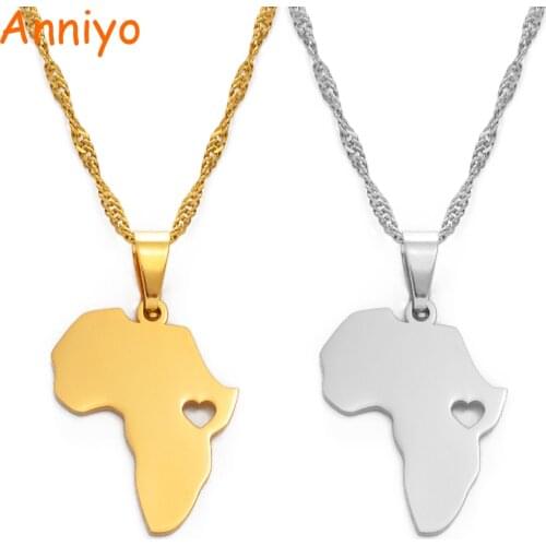 Anniyo Heart Africa Map Pendant Necklaces for Women Girls Gold Color/Silver Color African Maps Jewelry Ethnic Gifts #165421