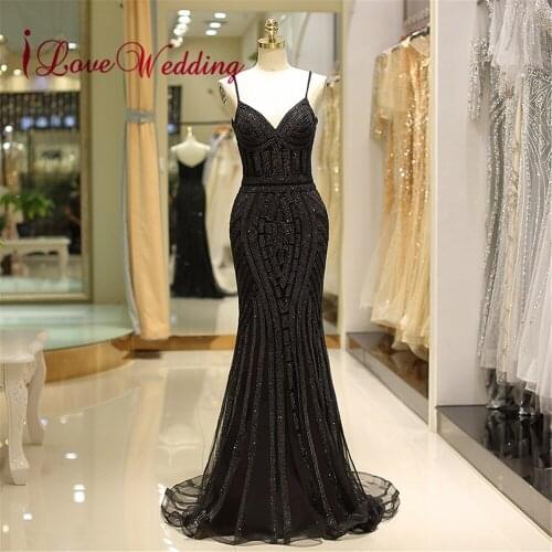 Black Sequin Formal Evening Dress V Neck Spaghetti Straps Trumpet Vestido de festa longo Sexy Evening Party Gowns