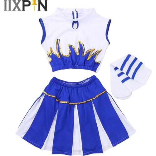 Children Kids Girls Cheerleader Costume School Girls Cheerleader Uniform Jazz Dancewear Set For Carnival Cosplay Party Dress Up