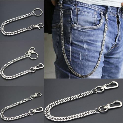 Long Metal Wallet Chain Leash Pant Jean Keychain Ring Clip Mens Hip Hop Flat Stainless Steel Necklace Jewelry