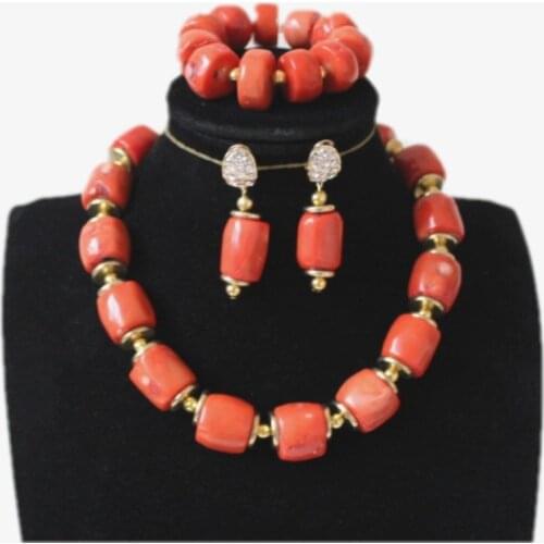 Dudo Nature Coral Beads Choker Necklace Set Gold and Orange Earrings Bracelet Necklace Sets For African Women