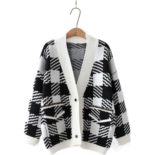Korean Fashion Style Plaid Knit Women Cardigans 2021 Winter Warm Thic Sweater Coat Preppy Style Casual Ladies Soft Jumpers Tops