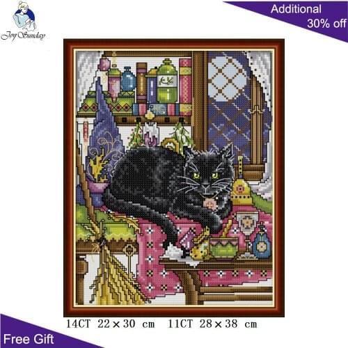 Joy Sunday Black Cat Needlework DA240 14CT 11CT Stamped and Counted Home Decoration Black Cat Needle Art Craft Cross Stitch Kits