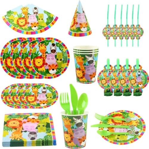 10 Guests Jungle Animals Disposable Tableware Set Lion Napkins Plates Cups Safari One 1st Happy Birthday Parity Decor Kids Boys
