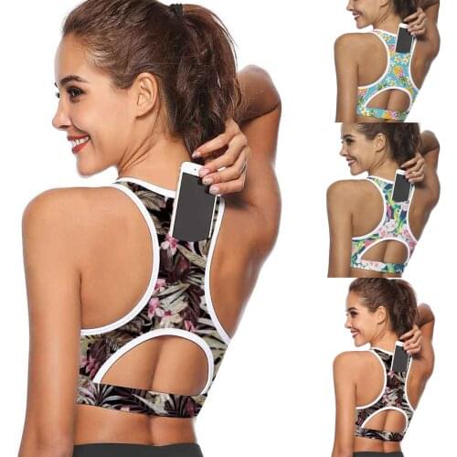 Womens 2021 New Sexy Fashion Printed Racer Vest Back Pocket Portable Mobile Yoga Shockproof Yoga Running Bra Lingerie Bra