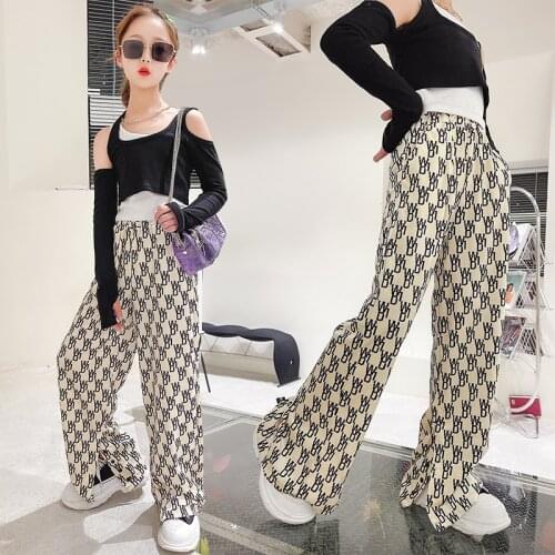 Hip-hop Girls Clothes Long sleeve T-shirt Patchwork Slim Top Coat Letter Loose Trousers Split Straight pants Kid Child Teen Sets