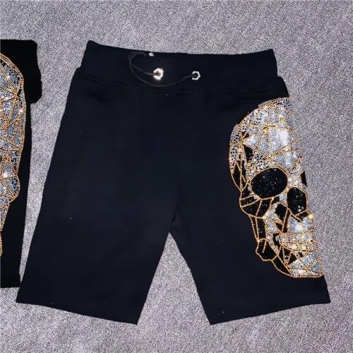Beach Shorts Men Summer Skulls Rhinestones Mens Shorts Straight Comfortable Drawstring Casual Hip Hop Homme Asian Size M-XXXL
