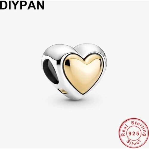 Fit Original Pandora Bracelet Charms 925 Sterling Silver Domed Golden Heart Charm Bead Berloque Women DIY Jewelry