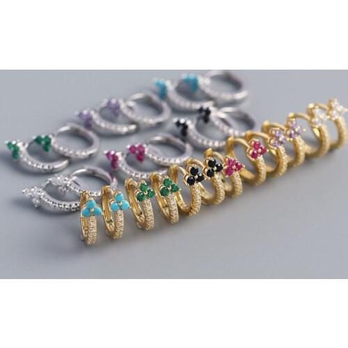 925 Sterling Silver Earrings Fashion Geometric Flowers Zircon Round Ear Ring Drop Wild Cute Sweet Women Girl Silver Ear Jewelry