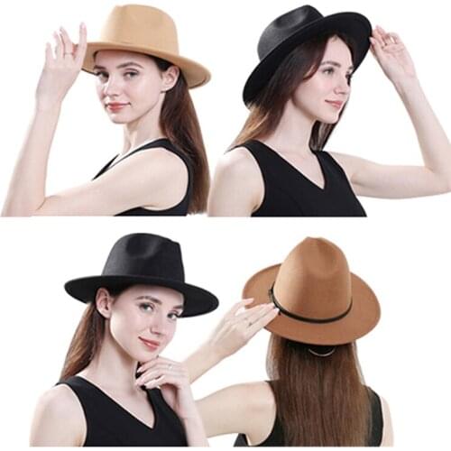 Unisex Panama Hat Fedoras Caps Vintage Style Wide Brim Belt Buckle Felt Fedora Hat for Men Women Autumn Winter Fashion 2020 New