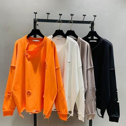Loose Pullovers Woman 2021 Spring New Korean-Style Ripped Sweatshirt BF Loose Round-Neck Long-Sleeve Midi Top Orange Hoodies