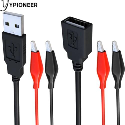 YPioneer T10013 Alligator Test Clips Clamp to USB Male/Female Connector Power Supply Adapter Wire 58cm Cable Red and Black