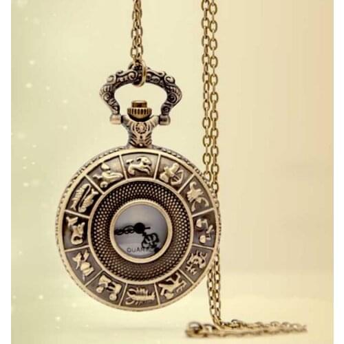 Vintage Bronze antiques Fashion quartz 12 zodiac Hollow out Modern clock Necklace pocket watches gift