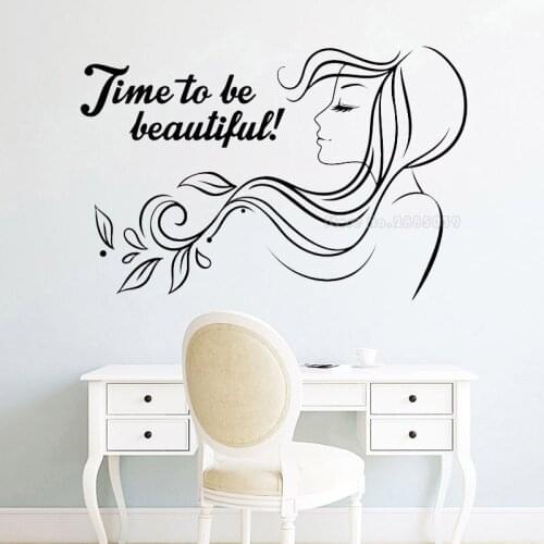 Time To Be Beautiful Phrase Beauty Spa Vinyl Wall Decals Hair Salon Woman Art Stickers Mural Decal For Girls Bedroom Decor AF126