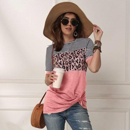 Womens Striped Stitching Short Sleeve Round Neck T-Shirt Top